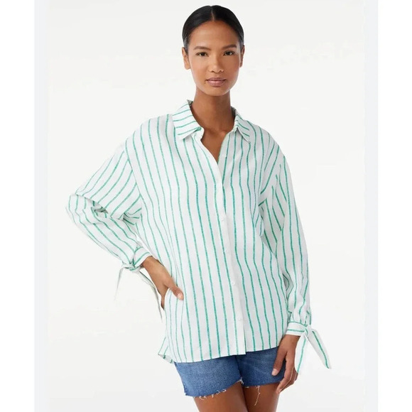 Women's Scoop Long Sleeve Blouse Green/White NEW - Picture 1 of 4